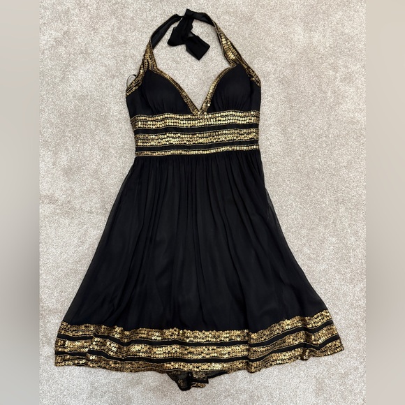 Cache Black Halter Dress with Gold Details - size 6 - NWT - Picture 1 of 15
